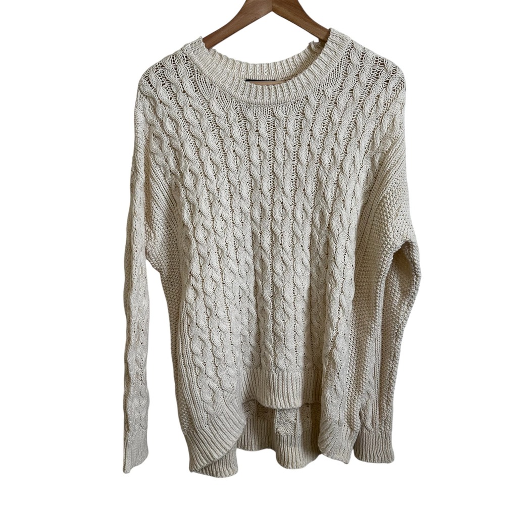 H&M Cable Knit Sweater Pullover Cream High-Low Hem‎ Long Sleeve Small